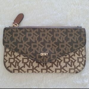 DKNY Flap Zip Faux Leather Wallet Brown Logo Monogram